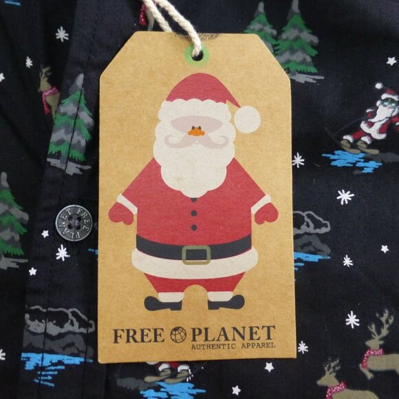 NWT Free Planet Mens All Over Christmas Button-Up Shirt Black Reindeer & Santa M - Picture 2 of 11